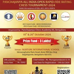 Details of the Panchajanya All India Open Rapid FIDE Rating Chess Tournament 2024. With a prize fund of Rs. 3 Lakhs, this event attracted top talent for a competitive rapid chess challenge.