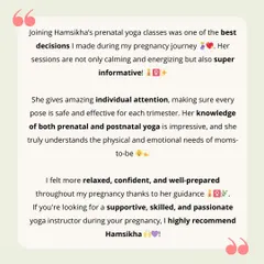 It means the world to me when clients feel supported and confident. This feedback from Dr. Sumukhi, a mom-to-be I worked with, highlights my commitment to providing safe, informative, and personalized guidance through every stage of pregnancy and beyond.