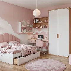 This "Bubblegum Bliss" concept for a child's room is all about playful charm. The wardrobe has rounded corners for safety and a soft pink and wood palette, while the integrated desk and shelving create a perfect spot for creativity and homework.