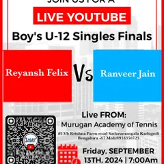 A promotional graphic for the live YouTube broadcast of our Boy's U-12 Singles Finals. We leverage technology to increase visibility for our players and tournaments.