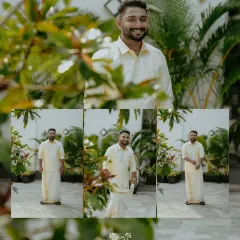 A collage of the groom in his traditional Kerala attire, looking happy and ready for the wedding festivities.