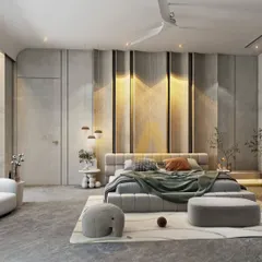 Who says minimal can’t be fun? This bedroom uses a calm white and grey palette, but the real star is the feature wall with its unique string art and integrated lighting, adding a touch of quirky personality.