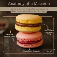 An inside look at what makes our macarons so special. We use only real almond flour for the shells and fill them with either pure cocoa butter chocolate or fresh fruit compote. There are no premixes or fillers, just authentic ingredients for a delectable taste.