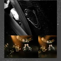A stylish black and white collage showing details of the groom's suit accessory and the bride's sparkling reception jewelry.