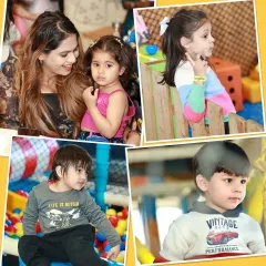 This collage says it all: happy kids make happy moms. You can see children exploring different parts of our play area, from the ball pit to the climbing structures.