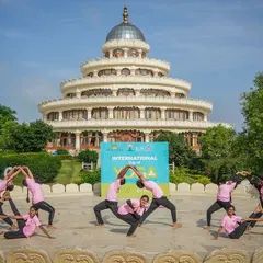 Students perform a synchronized group yoga formation, creating beautiful patterns with their bodies. This showcases the harmony and discipline cultivated through regular practice.