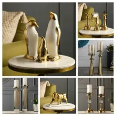 A collage of elegant home decor items, including golden figurines and candle holders, from one of our featured brands, Chicdecore.