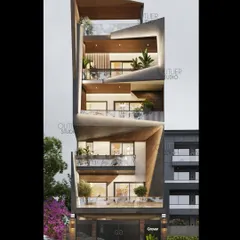 For this multi-story residential building, I used a deconstructed approach with staggered, angular forms. This creates private, sheltered balconies for each floor and gives the entire structure a unique, sculptural identity.