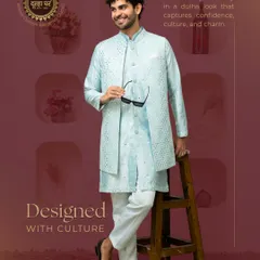 This ensemble is perfect for a daytime wedding event. A breezy, pastel blue kurta is layered with a Nehru jacket featuring intricate mirror work, offering a look that is both festive and comfortable.