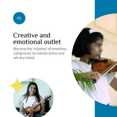 Music is a powerful creative and emotional outlet. Learning an instrument like the violin helps children and adults alike to release stress and express their feelings in a healthy, constructive way.