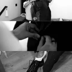 A black and white collage showing the groom getting ready. From tying his tie to putting on his shoes, these behind-the-scenes shots capture the anticipation and final preparations for the big day.