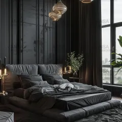 I love designing with dark, dramatic tones. This bedroom uses a monochrome palette of black and grey, with varied textures and pendant lights to create a space that is incredibly cozy, dreamy, and sophisticated. The large window provides a beautiful city view, balancing the dark interior.