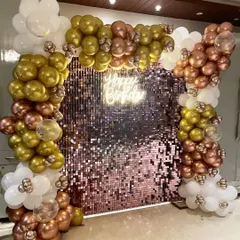 This is one of my most requested designs for parties. It features a shimmering rose gold sequin wall that catches the light beautifully, framed by a balloon arch in metallic gold, rose gold, and white. The 'Happy Birthday' neon sign adds a celebratory glow, creating a perfect photo booth for any event.