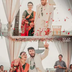 Two fun-filled moments from a wedding ceremony, showing the couple's playful and joyous interactions. We believe wedding photos should be full of life and personality.