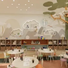Playroom with a tree-shaped bookshelf and cloud-shaped shelves.
