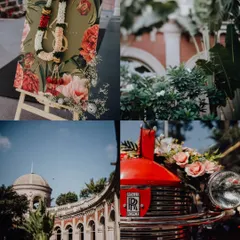 A collage of the beautiful details from Shivang and Karina's wedding, including the floral welcome sign, the vintage Rolls Royce, and the stunning architecture of the venue.