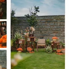 A wide shot of the creative housewarming setup, featuring vintage furniture and vegetable-based decor.