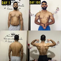 My client Amit, a busy professional from London, achieved this incredible body recomposition in 100 days. This front and back comparison highlights the fat loss around the waist and significant muscle development in his back and shoulders.