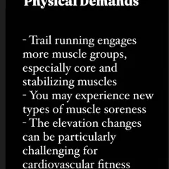 An information card on the physical demands of trail running. It engages more muscle groups, especially the core, and we prepare you for the new type of muscle soreness.