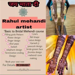 My 'Basic to Bridal Mehendi' course covers everything you need to know. This chart shows the full curriculum, from fundamental skills like line work and filling patterns to advanced techniques like creating bride-groom faces and making your own cones.