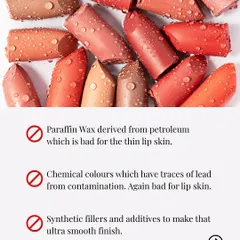 This is what I refuse to put in my products. Paraffin wax from petroleum, chemical colors with traces of lead, and synthetic fillers have no place in clean beauty. My tints are free from all these harmful additives.