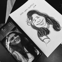 Here’s how it works. You send me a photo, and I turn it into a unique piece of art. This black and white caricature shows the transformation from a phone picture to a hand-drawn keepsake.