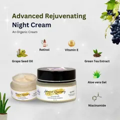 Let your skin repair itself while you sleep. My Advanced Rejuvenating Night Cream is packed with powerful organic ingredients like Grape Seed Oil, Retinol, and Green Tea Extract.