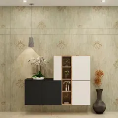 A floating, minimalist storage cabinet in a black and white finish. The open shelving in the center is perfect for displaying decorative items, while the closed cabinets keep clutter hidden.