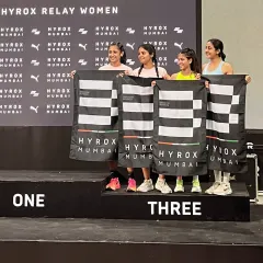 On the podium with my Hyrox women's relay team. Team events are a powerful test of coordination and collective strength, and a podium finish is the ultimate reward.