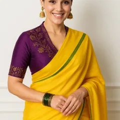 One blouse, four different saree styles. This shows how a single statement purple blouse can transform your look when paired with yellow, green, pink, or orange sarees. Which combination is your favorite?