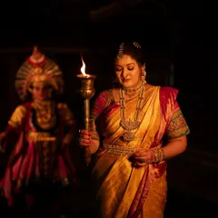 A candid moment from the Navratri shoot, capturing a serene expression as she holds the ceremonial torch.