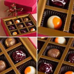 A close-up of my holiday chocolate bonbons. Each one is a small work of art, with unique flavors and stunning designs that make them the perfect festive indulgence.
