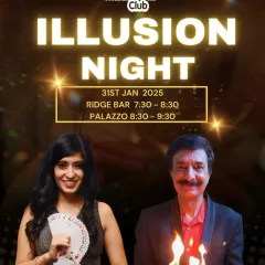 All set for "Illusion Night" at the Malabar Hill Club. This poster captures the vibe of the evening, which is full of fire, cards, and close-up illusions.