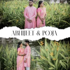 A lovely two-photo collage of a couple in matching pink traditional outfits, set against a lush green backdrop.