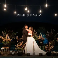 Amidst all the details, they find their moment. Sakshi and Raghav sharing a quiet embrace during their celestial-themed sangeet, surrounded by a universe we built for them.