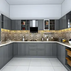 This expansive U-shaped kitchen in a uniform grey finish offers a sophisticated and cohesive look. The design includes open shelving for display, a beautiful patterned backsplash, and under-cabinet lighting to highlight the workspace.