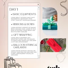 Day 1 is all about the fundamentals. We cover the must-have equipment, master different ribbon and bow tying techniques, learn basic gift wrapping for all shapes, and even get into balloon strings and garlands.