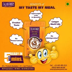 Here are the main benefits of my ready-to-eat meals. They have a fresher taste, longer shelf life, require no refrigeration, and are free from preservatives, all while being lightweight.