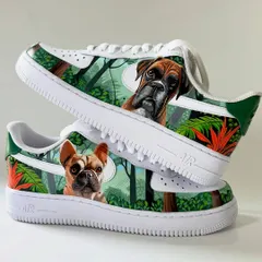 A dynamic shot of the pet portrait AF1s. These are more than just shoes; they are a wearable tribute to beloved members of the family.