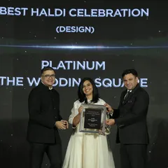 A proud moment, accepting the award for Best Haldi Celebration Design. I am so grateful for this recognition from WeddingSutra.