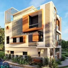 An alternate elevation design for an individual house in Kolar, featuring a blend of stone cladding, wood-finish louvers, and a contemporary color palette.
