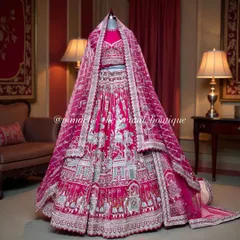 A beautiful pink bridal lehenga that tells a story. The detailed silver embroidery showcases doli and elephant motifs, blending tradition with a soft, romantic colour palette for the modern bride.