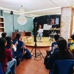 Another angle from one of my Bangalore workshops. You can see students using their phones to capture close-up details from the live video feed on the screen. I encourage this so they can review the techniques later.