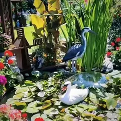 We can create a small pond or water body in your garden. This one is filled with water lilies and decorated with swan and heron statues to make it feel like a natural scene.