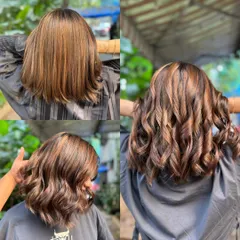 This collage shows the journey to a stunning crème caramel bob. We did a major chop and added these warm, sweet tones using a non-bleach formula, resulting in a chic and healthy new look.