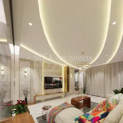 We design living spaces that are both luxurious and livable. This 3D rendering shows a spacious living room with high ceilings, elegant lighting, and a seamless flow into the dining and kitchen areas, creating an atmosphere of open, modern comfort.
