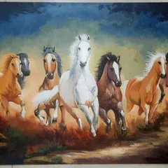 This is a 1.5x2 feet acrylic painting of seven running horses, a popular theme in Vastu Shastra believed to bring success and power. I create such Vastu-inspired art for homes, tailored to bring positive energy and match your interior.