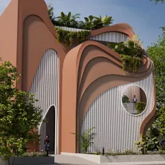 The sculptural form of the "Water & Wind" residence is designed to blend with its natural surroundings, with greenery spilling from the curved balconies.