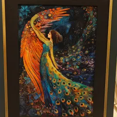This spectacular carpet art piece depicts a woman with peacock feathers, a magical and vibrant creation that showcases the imaginative potential of the medium.