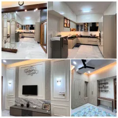 From design to reality, this collage shows a complete home interior project. You can see the cohesive design language across the kitchen, living room TV unit, and bedroom, all tied together with elegant wall paneling and lighting.